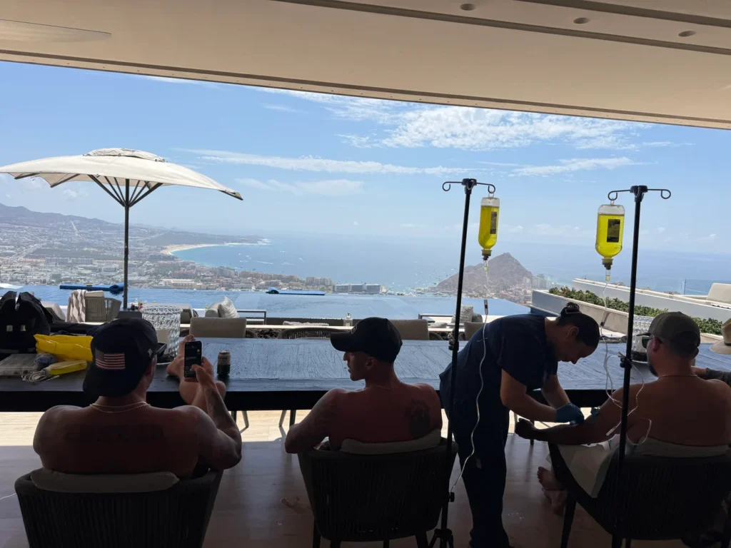 Our team providing mobile IV care on a villa terrace in Cabo San Lucas